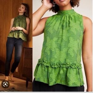 Anthropologie Green Floral Blouse